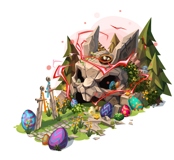 A fantasy landscape featuring a large stone bunny skull with glowing accents, surrounded by colorful Easter eggs and lush greenery, set against a red circular background. Two swords stand on the path leading to the skull entrance.